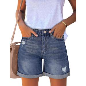 luvamia Women's Casual Ripped Denim Shorts High Rise Distressed Rolled Hem Jeans Shorts (Blue, M)