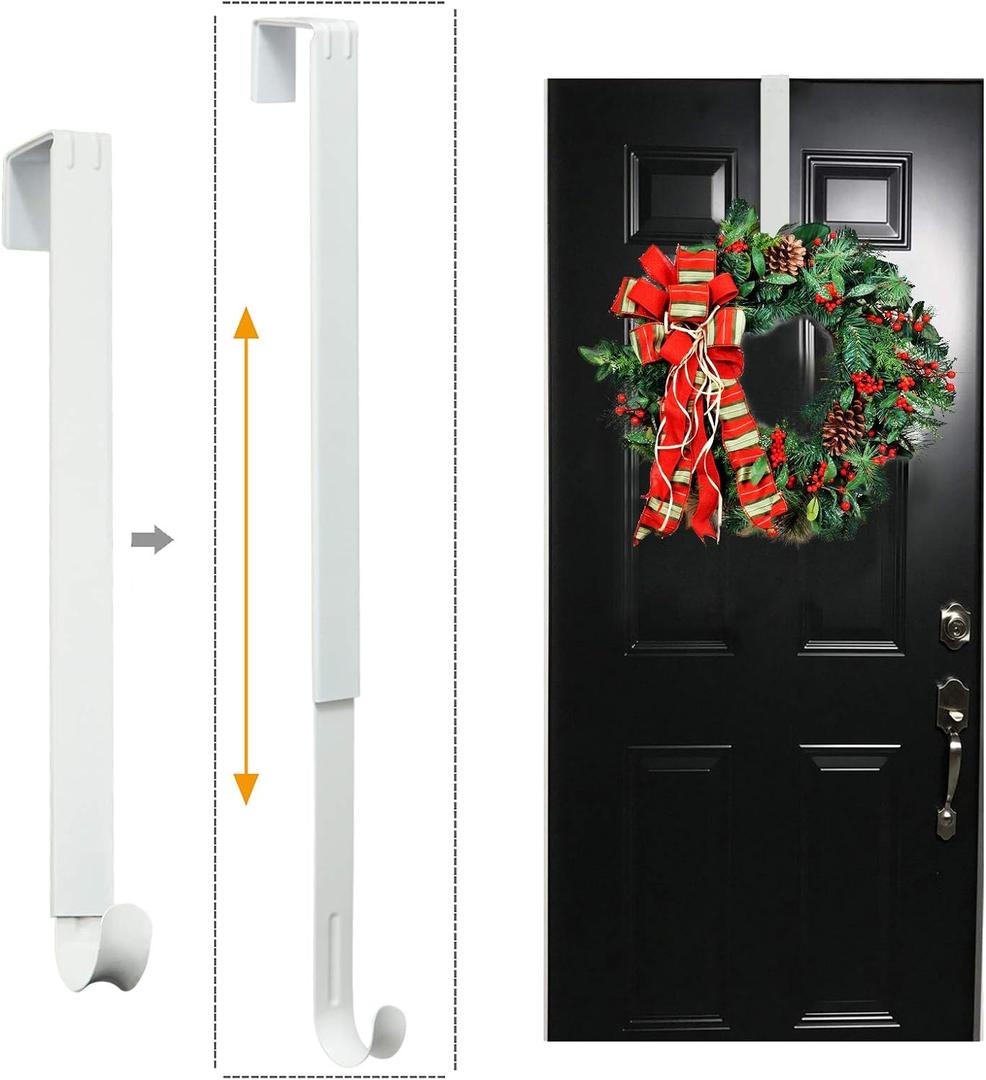 Wreath Hanger, Adjustable Over The Door Wreath Hanger from 15 to 25 Inches & Wreath Holder & Wreath Door Hanger for Front Door Decor 20 lbs Larger Christmas Decorations Hook (White)