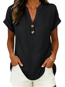 ANRABESS Womens Spring Tops 2026 Short Sleeve Shirts Henley Dressy Casual Blouses V Neck Fashion Tunics Trendy Flowy Clothing Black S