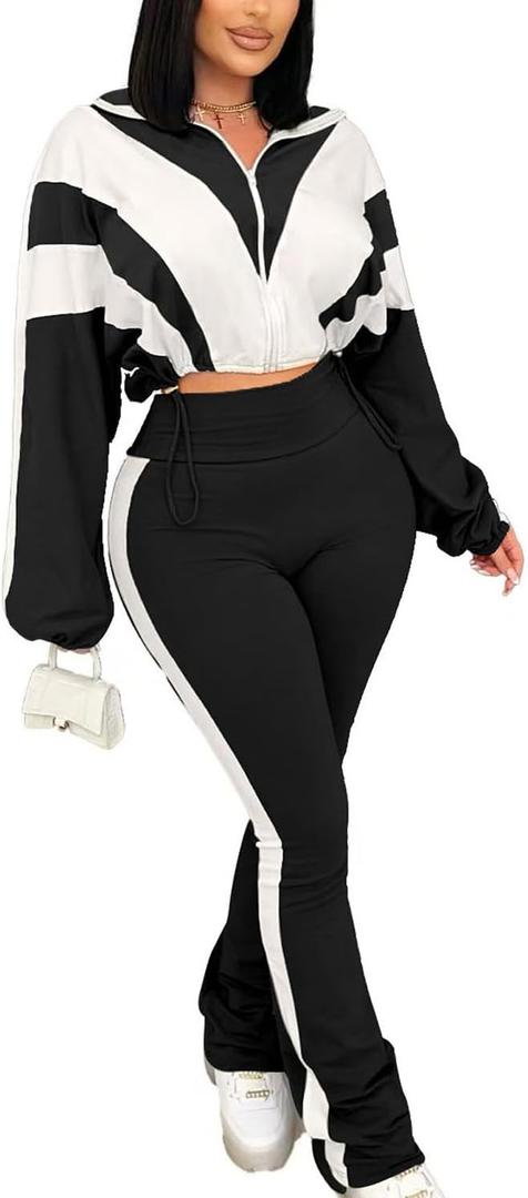 Vssjavun Women 2 Piece Outfit Color Block Long Sleeve Zip Drawstring Cropped Jacket Bodycon Long Pants Set Sweatsuit (Large, Black)