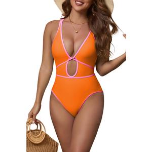 fatty tiger Orange One Piece Swimsuits for Women 2026 Cutout Tummy Control Bathing Suit Color Block Summer Beach Swimwear L (Orange, L)