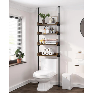 ALLZONE Bathroom Organizer, Over The Toilet Storage, 4-Tier Adjustable Wood Shelves for Small Rooms, Saver Space Rack, 92 to 116 Inch Tall, Narrow Cabinet, Rustic Brown