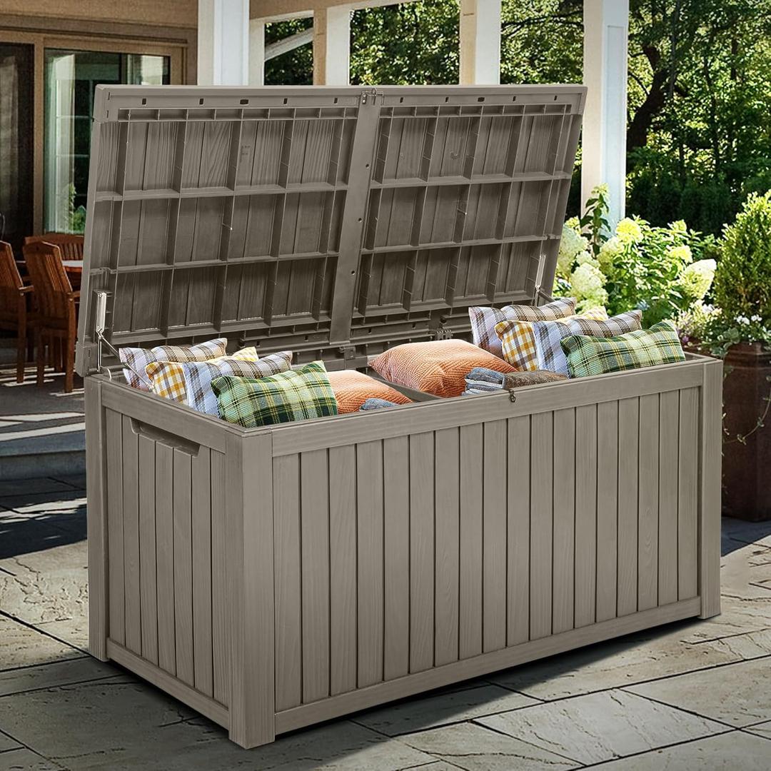 YITAHOME 180 Gallon XL Outdoor Storage Deck Box with Divider, Waterproof & Lockable, Ideal for Patio Furniture and Garden Tools, Resin-Built, Wood-Like Texture, Brown (Taupe)