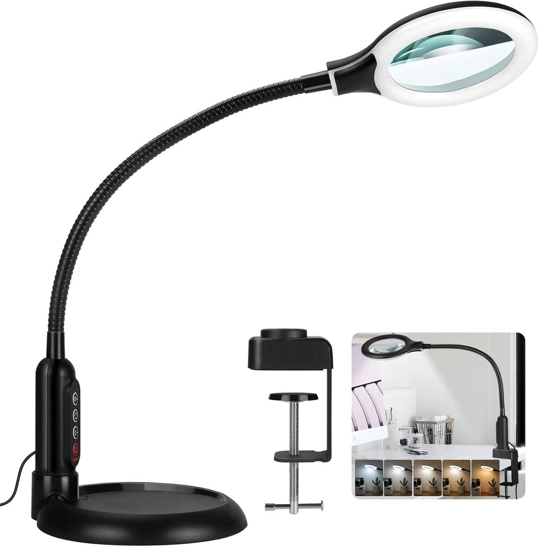 12X Magnifying Glass with Light and Clamp, 5 Color Modes Stepless Dimmable Lighted Magnifier with Stand, Flexible Gooseneck LED Desk Lamp Hands Free for Craft Reading Painting Hobby Close Work (Black)