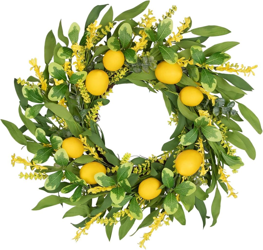 Lemon Wreaths for Front Door 20 inch Spring Door Wreath Small Artificial Wreath with Wildflowers Lemons for Spring Decor Greenery Wreath for Home Kitchen Wall Window Farmhouse Indoor Outdoor Décor