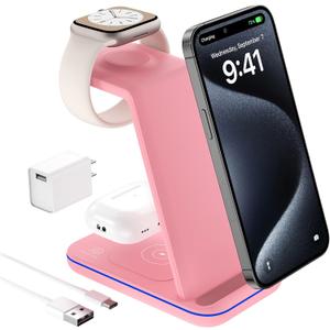 Multi Charger for Apple, 3 in 1 Wireless Charging Station/Stand ONLY Compatible with Apple Watch 9/8/7/6/5/4/3/2/Ultra/SE, Portable Wireless Charger for Airpods2/3/Pro (Pink)