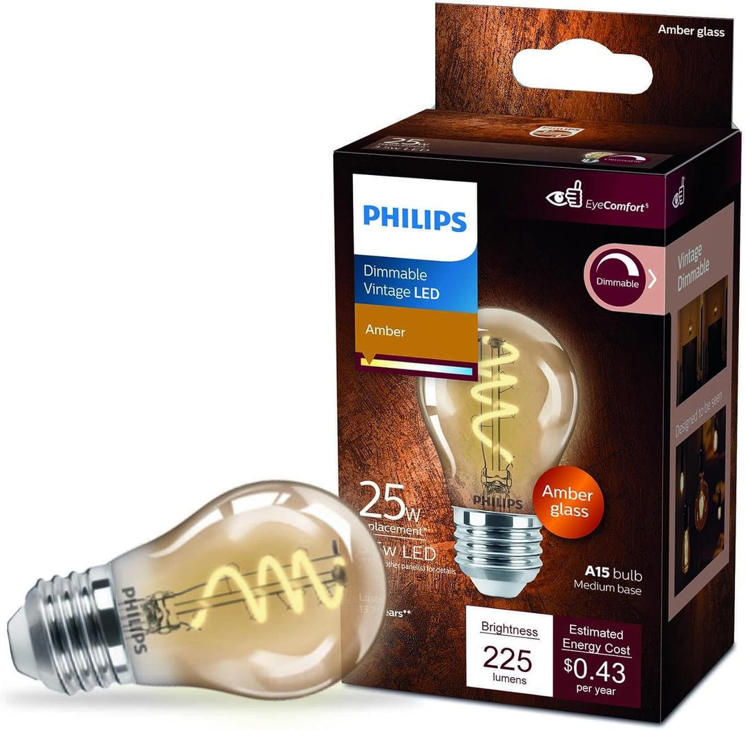 Philips 25-Watt Equivalent A15 Spiral Filament Dimmable E26 Vintage Edison LED Light Bulb EyeComfort 2000K Amber (1-Pack) 565655