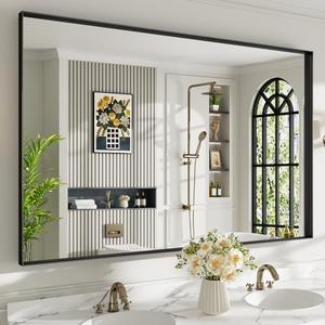 YEELAIT 60x40 Inch Black Bathroom Mirror, Metal Framed Vanity Mirror, Bathroom Wall Mirrors for Over Sink, Rectangle Mirror HD Tempered Glass, Horizontally or Vertically