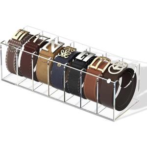 FEMELI Belt Organizer, Acrylic 7 Compartments Container Storage Holder, Clear Display Case for Closet Tie and Bow Tie