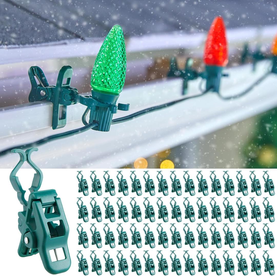 Minetom C7 C9 Christmas Light Clips Outdoor, 100 Count Holiday Universal Quick Christmas Light Spring Clips for Outside Roof Gutter Shingle Fence, E12 E17 Socket (Green)