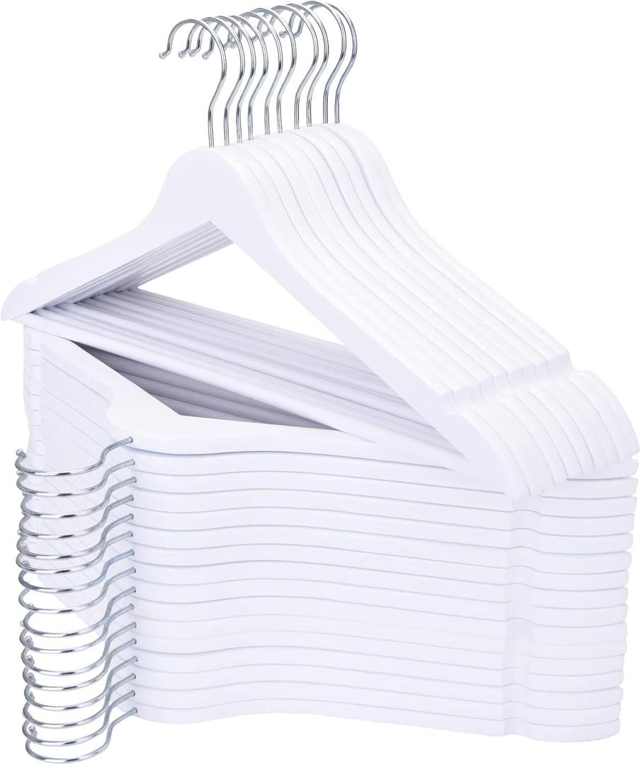 ELONG HOME Wooden Hangers 30 Pack, Wood Hangers with Extra Smooth Finish, Precisely Cut Notches & Chrome Swivel Hook, Wooden Clothes Hangers for Shirt Coat Jacket Dress, White