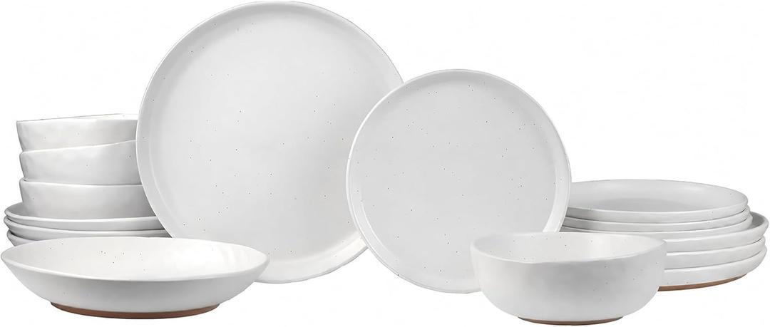 Sango 16-Piece Boho Farmhouse Stoneware Dinnerware Set for 4, Semi-Matte White Plates and Bowls Sets with Rustic Speckled Glaze, Ceramic Dish Set, Modern Dishes, Microwave & Dishwasher Safe, Kaya