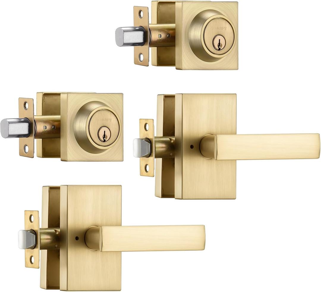 2 Pack Satin Brass Exterior Door Lock Set, Front Door Handle with Deadbolt, Heavy Duty Entry Door Handle set