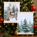 Tenceur 2 Pcs Winter Wall Art Decor Pine Tree Reindeer Holiday Wall Decor Christmas Poster Hanger with Wood Frames Wild Animals Canvas Artwork Decoration for Home Bedroom Living Room