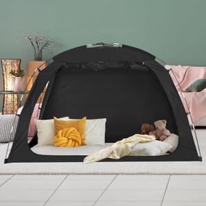 EighteenTek Bed Tent Full Size Bed Canopy, Light Reducing Sleeping Tent Lightweight Portable Indoor Tent Breathable Privacy Space on Bed with 2 Doors for Adults Kids Autism (Full, Black)