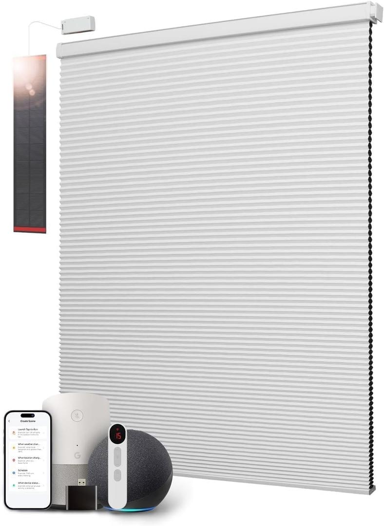 CINONEKO Motorized Cellular Shades with Remote,No Drill Smart Blackout Honeycomb Blinds, Cordless Automatic Electric Window Shade with Solar Panel, Alexa & Google, Rechargable, White 35" W x 64" H
