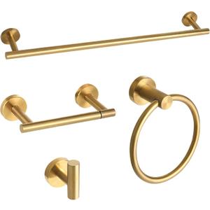 Brushed Gold Bathroom Hardware Accessories Set 4 Pieces,Towel Bar Set Stainless Steel Wall Mounted, Includes 24 in Hand Towel Bar, Towel Ring Holder,Toilet Paper Holder, Bathroom Towel Rack Set Gold