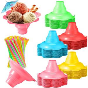 Silkfly 25 Pcs 4 oz Colorful Flower Snow Cone Cups Paper Umbrellas and Kit Spoon Straws, Shaved Ice Bowls Plastic Ice Cream Snack Small Bowls for Kids Birthday Party Summer Cookout