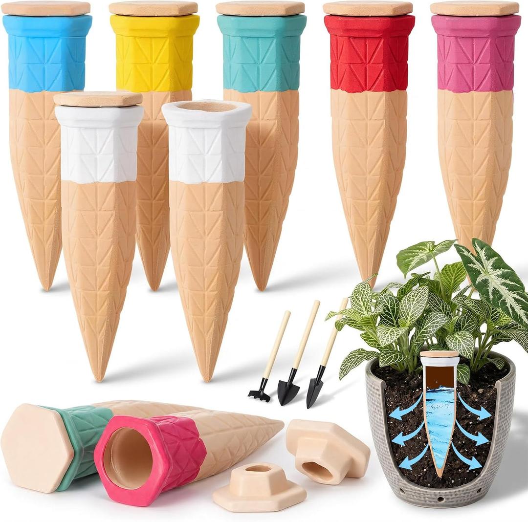 6 Pack Terracotta Watering Spikes with Lids and 3 Shovels Plant Watering Devices Wine Bottle Automatic Plant Slow Release Self Planting Stakes for 5-9 Pots(4.92 x 1.57 x 1.57 Inches)