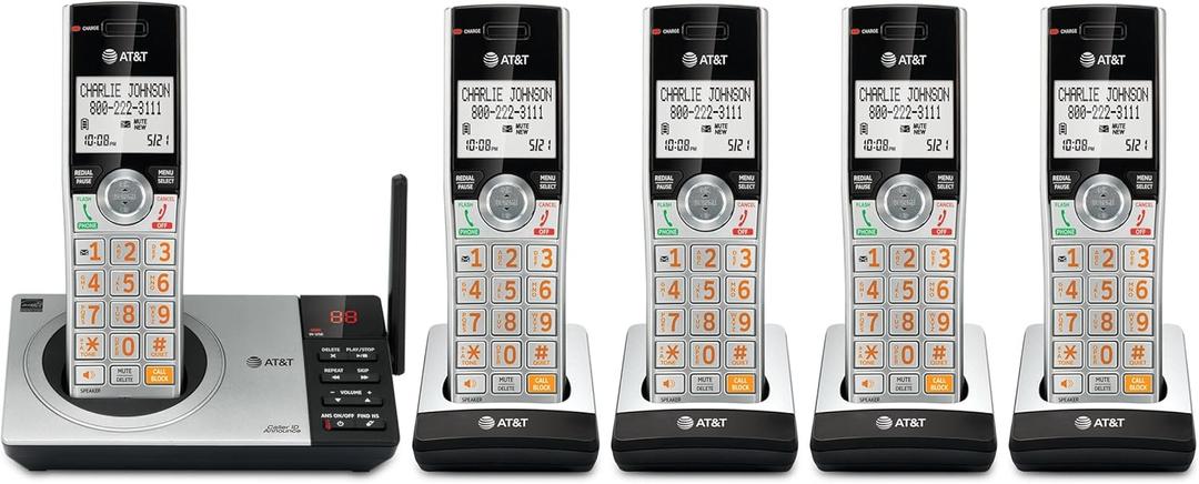 AT&T CL82507 DECT 6.0 5-Handset Cordless Phone for Home with Answering Machine, Call Blocking, Caller ID Announcer, Intercom and Long Range, Silver (CL82507)