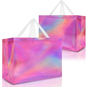 Nush Nush Extra Large Holographic Pink Gift Bag, Set of 12 Reusable Pink Iridescent Gift Bags with Handles - Party Favor Bags for Birthdays, Baby Shower, Bachelorette Party - 15.5W x 6D x 12H Size