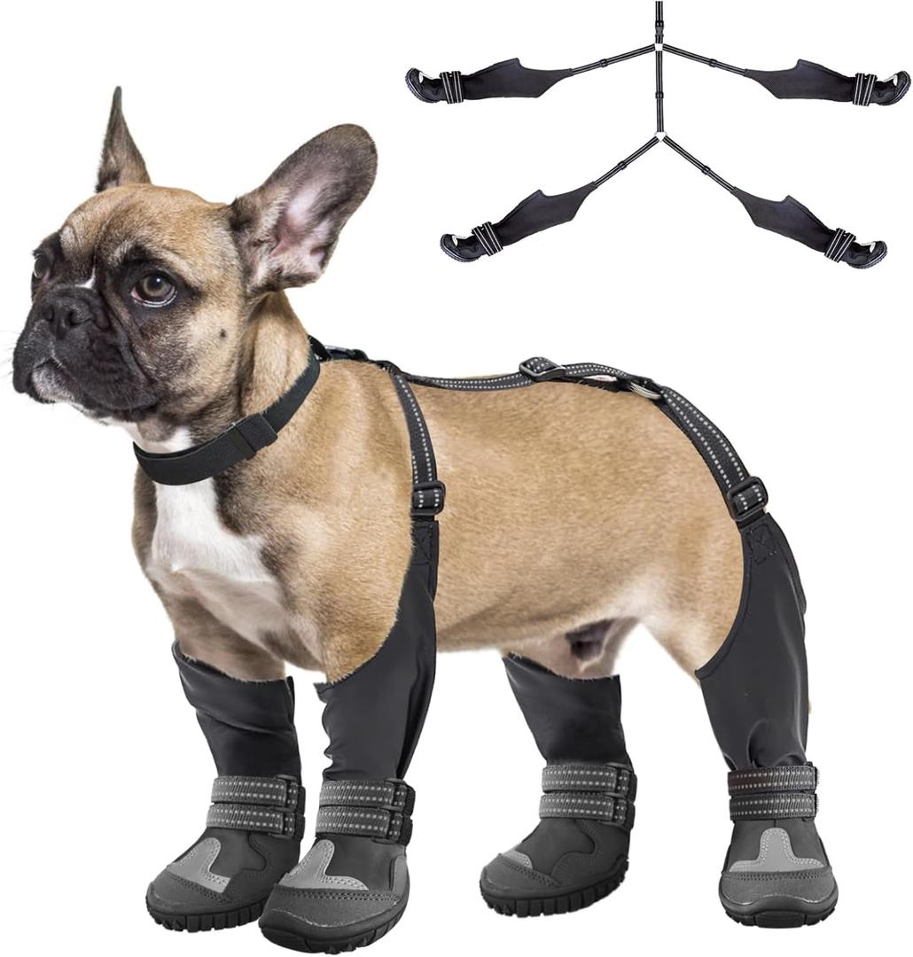 Idepet Dog Suspender Boots, Tall Dog Boots Anti-Slip & Fall Waterproof Shoes Leggings, Adjustable Suspender Boots for Winter Snow Rain Hiking Paws Protector (1, Black)