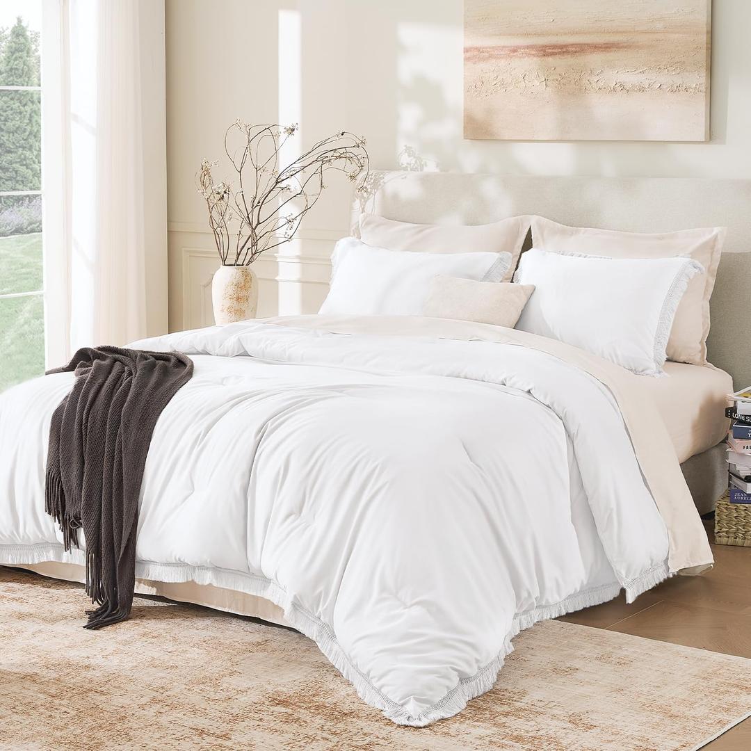 Andency White Comforter Set Full, 3 Pieces Boho Lightweight Bedding Comforters & Sets, All Season Soft Fluffy Tassel Bed Set (79x90In Comforter & 2 Pillowcases)