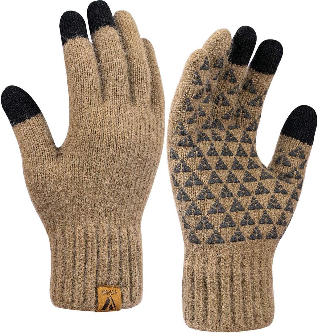 Vgogfly Winter Knit Gloves Warm Full Fingers Men Women with Upgraded Touch Screen - Anti-Slip Glove Fleece Lined (Large, Khaki)
