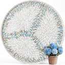 22" Round Mother of Pearl Serving Tray Ottoman Tray, Leaf, Blue