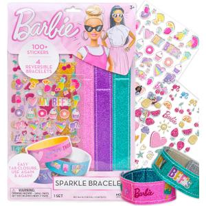 Barbie Sparkle Bracelet Making Kit, 4 Reversible Shimmery Bracelets, 100+ Traditional and Puffy Resin Stickers, DIY Friendship Jewelry, Girls Toys, Arts and Crafts for Kids Age 8-12, Gifts for Girls