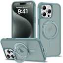 XIEWE for iPhone 15 Pro Max Case 6.7 Inches 360°Rotatable Magnetic Ring Invisible Stand,[Compatible with Mag-Safe] Military Shockproof Frosted Translucent Case,Cyan