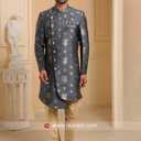 Rajwadi Designer Jacquard Silk Indowestern In Grey Color, Size 38 EU