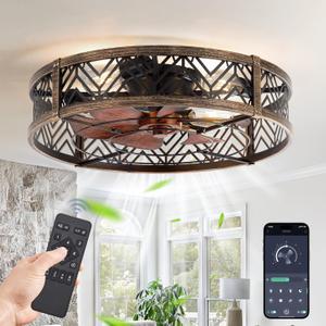 LEDIARY 23" Caged Ceiling Fan with Light, Large Flush Mount, App&Remote Control, Low Profile Bladeless Fan Light Fixture 6 Speed, Reversible and Quiet Motor- Gold-dusted Black, 23 Inch