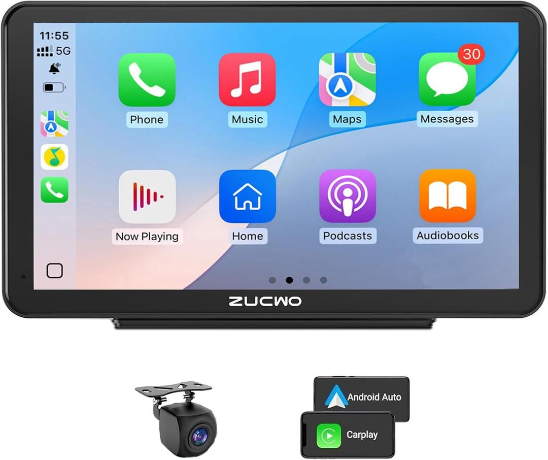7 Inch Wireless CarPlay Screen for Car, Portable Car Stereo Touch Screen for Apple CarPlay & Android Auto with Backup Camera, Voice Control, BT Music, Navigation, Mirror Link (Black)