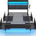 Rolanstar Bed Frame Twin Size with Charging Station and LED Lights, Upholstered Storage Headboard with Drawers, Heavy Duty Metal Slats, No Box Spring Needed, Noise Free, Easy Assembly, Dark Grey