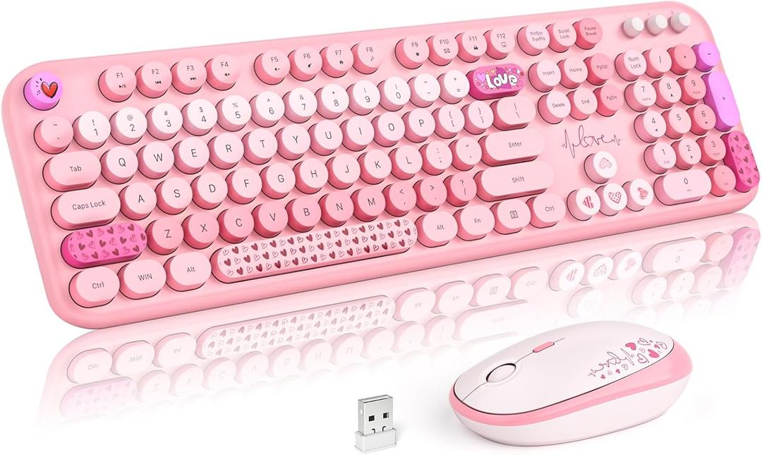 MOFII Wireless Keyboard and Mouse Combo, Cute Retro Typewriter Keyboard and Silent Mouse, 2.4GHz Full Size Computer Keyboard Wireless Mouse Set for PC, Laptop, Desktop, Windows (Pink Colorful)