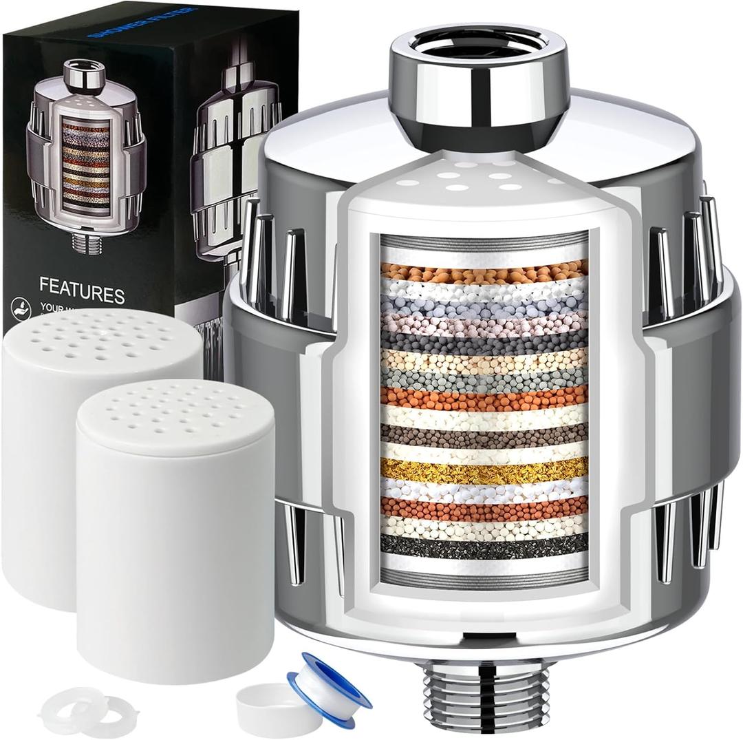 Shower Filter, 20 Stage Shower Head Filter for Hard Water with 2 Cartridges, High Output Shower Water Filter to Remove Chlorine, Fluoride and Other Impurities, Improves Skin Condition, Protects Hair (Chrome)