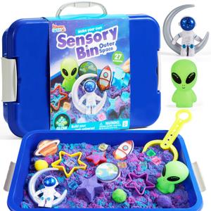 Klever Kits Outer Space Sensory Bin for Toddlers with Glow in The Dark Alien and Rocks, Sandbox with Lid Dual-Color Sand, Preschool Learning Activities Gifts for Boys Girls Age 3+ by JOVA