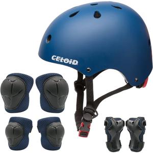 Kids Bike Skateboard Helmet Pad Set,Toddler Cyling Protective Gear Knee & Elbow Pads Wrist Guards for 5-8-10-12-14-16 Years Girls Boys Bicycle Scooter Roller Skate Inline Skating Rollerblading (Blue)