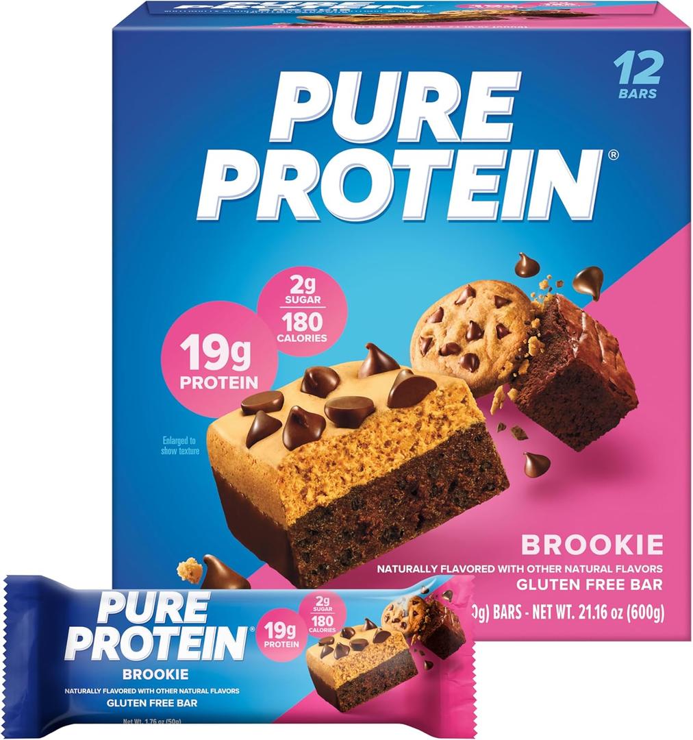 Pure Protein Bars, High Protein, Nutritious Snacks to Support Energy, Low Sugar, Gluten Free, Brookie, 1.76oz, 12 Count (Packaging May Vary)