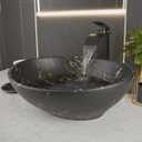 17"14" Marbling Vessel Sink with Faucet and Drain Combo Black and Gold Ceramic Bathroom Vessel Sink, Oval Above Counter Bathroom Sinks