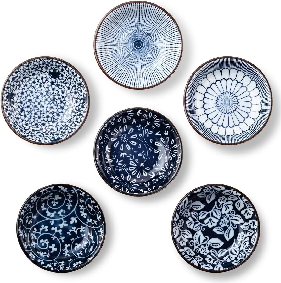 Dipping Bowls, Soy Sauce Dish Ceramic, 3 OZ Small Serving Bowls for Side Dishes Vintage Blue Stylish Design, Set of 6 Mini Appetizer Plates for Condiment Sushi Ketchup BBQ Party, 4 Inch (Multicolor)