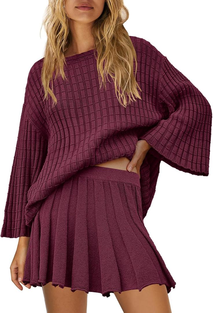 SENSERISE Fall Sweater Sets Skirt Sets Women 2 Piece Outfits Long Sleeve Top and Skirts Set Loungewear (X-Large, Burgundy Red)