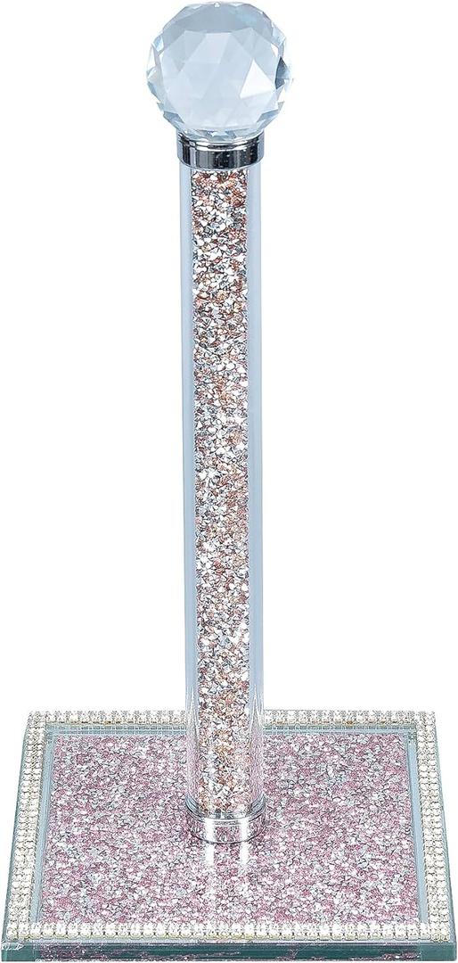 Hochance Pink Crystal Standing Paper Towel Roll Holder Countertop Weighted Rack,Glam Cute Bling Rhinestone Jeweled Diamonds Modern Decoration Christmas Housewarming Gifts for Kitchen Home Bar