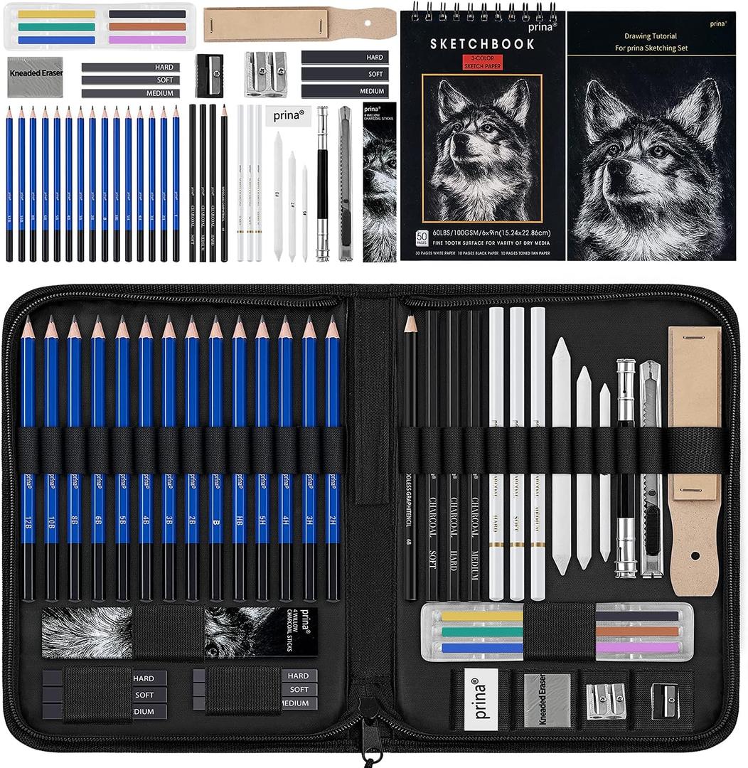 Prina 50 Pack Drawing Set Sketch Kit, Sketching Supplies with 3-Color Sketchbook, Graphite, and Charcoal Pencils, Pro Art Drawing Kit for Artists Adults Teens Beginner Kid, Ideal for Shading, Blending