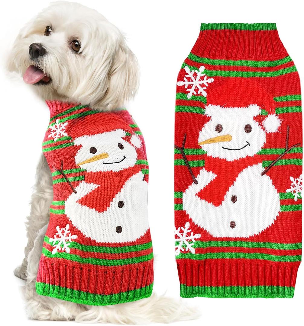 Dog Christmas Sweater Cute Snowman Puppy Cat Costume Boy Girls Xmas Holiday Pet Clothes New Year Outfits Gifts for Small Medium Large Dogs (S, Red Green Stripe Snowman)