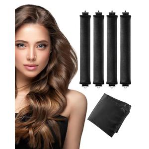 Heatless Curls Overnight with Satin Head Scarf, Velvet Hair Rollers for Blowout Look, No Heat Curling Rod for Long Thick Hair, Soft Sleep In Flexi Rods (Black)