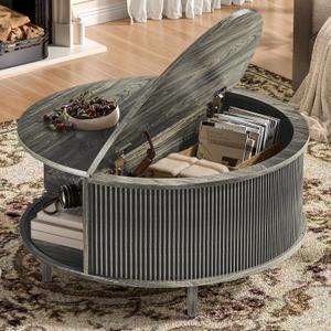 Round Coffee Table, 31.5" Fluted Center Table with Storage, Lift-Top Coffee Table with Adjustable Footpads, Sliding Door, Mid-Century Modern Center Table for Living Room, Small Space (Grey)