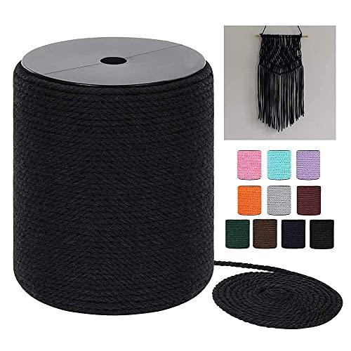 Macrame Cord 4mm x 240Yards (722Feet), Colored Cotton Macrame Rope - 3 Strands Twisted Colorful Macrame Cotton Cord for Wall Hanging, Plant Hangers, Gift Wrapping and Wedding Decorations, Black