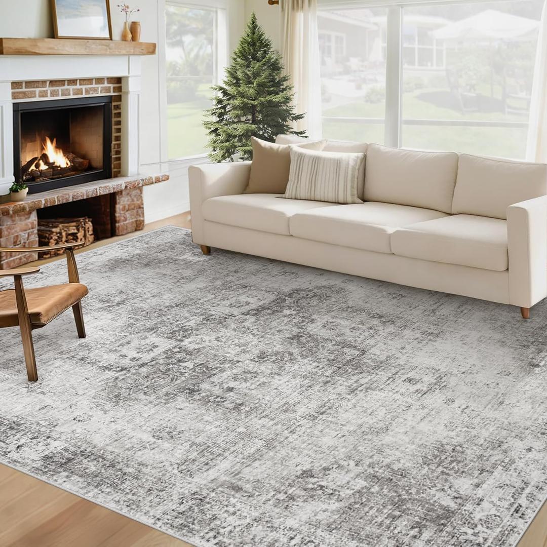 Area Rug 6x9 Washable Rug, Vintage Boho Medallion Rugs Non-Slip Soft Low Pile Large Distressed Rug Indoor Retro Carpet for Living Room Bedroom Dining Room Home Office (Grey, 6'x9')